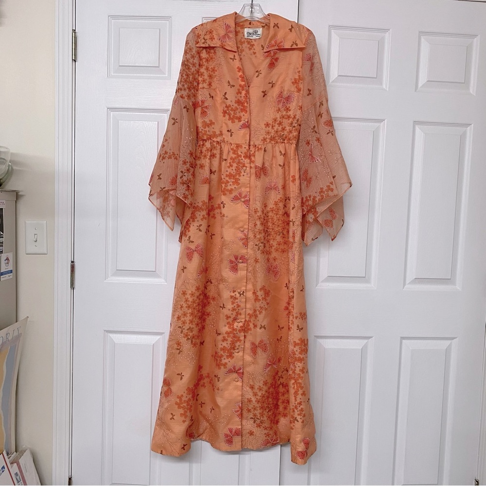 Vtg Alfred Shaheen CA Hawaii Maxi Dress Kaftan 60s 70s Butterflies Sz XS